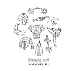 Strong set. Isolated elements on chalkboard background. Symbol collection.