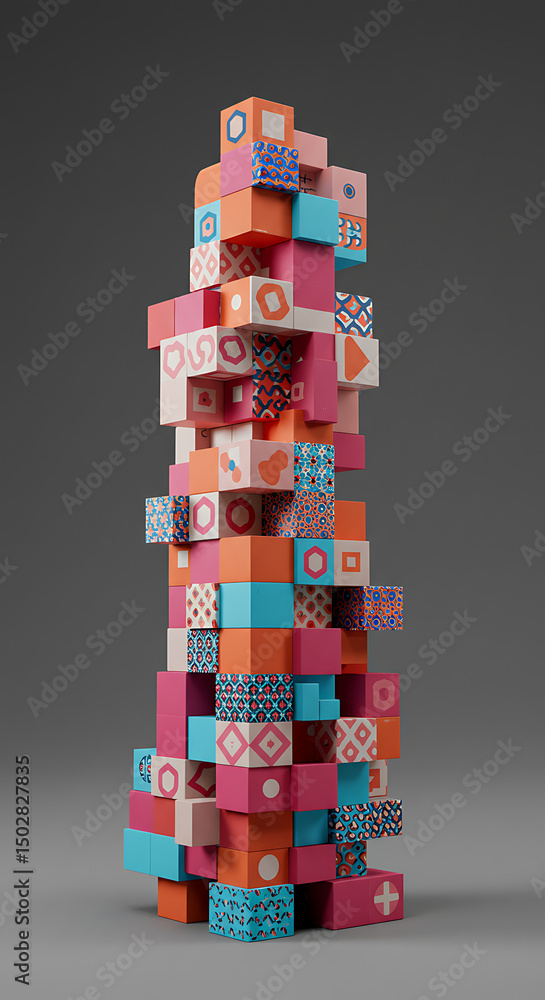 Poster abstract colorful patterned cubes stacked high creative 3d render geometric design