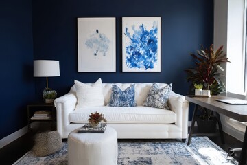Cozy corner office with a navy blue accent wall.