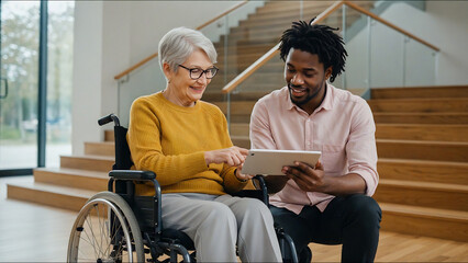 Young businessman kneeling beside smiling senior businesswoman in a wheelchair, discussing a project on a tablet in a modern office, highlighting workplace diversity and inclusion