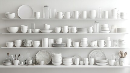 White kitchenware on multiple shelves