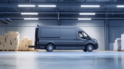 Modern Delivery Van Unloading Cargo in Industrial Warehouse