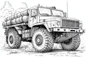 Military Grade Off-Road Truck with Cargo Tanks Detailed Technical Illustration