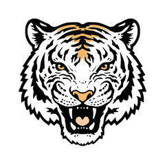 Fierce white tiger head roaring against a black background, showcasing its striking features and intensity