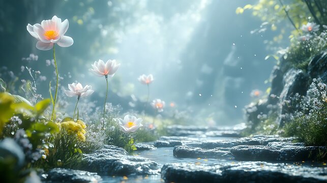 Ethereal blossoms by a brook, a peaceful natural haven on a misty morning