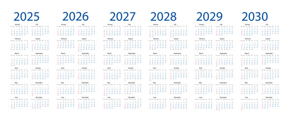 calendar 2025-2030, design for five years plan, new year 
