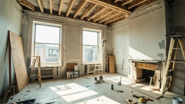 An abandoned room in a state of disrepair, showing signs of an ongoing home renovation project. The room is bathed in natural light.