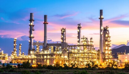 Obraz premium Oil Refinery Illuminated at Dusk