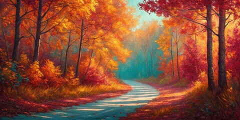 A winding road under a vibrant orange and red autumnal forest appears peaceful