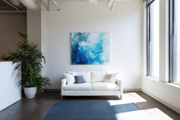 Contemporary living room with a piece of abstract art.