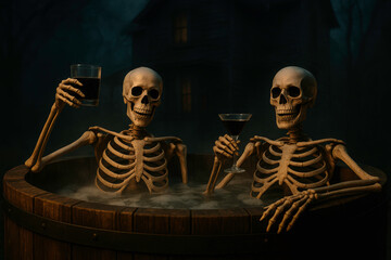Two skeletons relax hot tub. Holding drink, creating eerie humorous atmosphere. Halloween holiday theme, haunted house vibe. Unusual lifestyle concept, spooky fun moment. Spooky party design