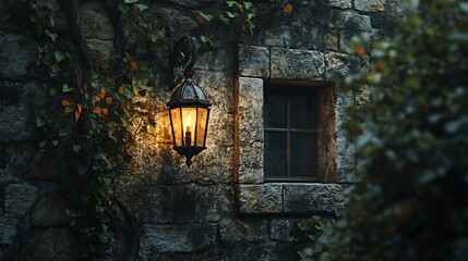Illuminated vintage lantern casting a warm glow beside a stone window