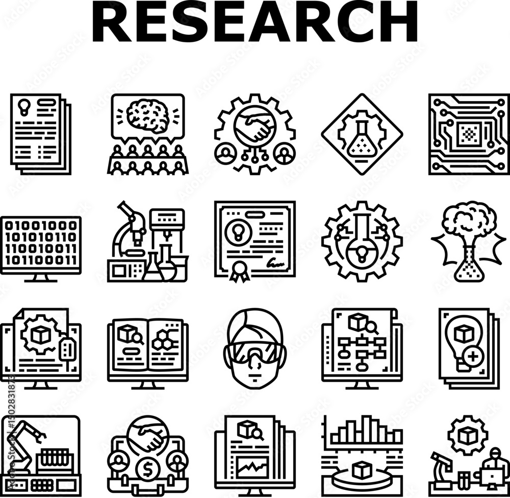 Poster research and development analysis icons set vector