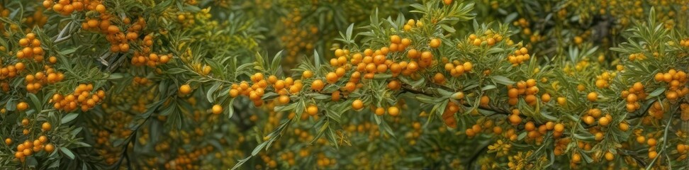 Bush with bright yellow berries and flowers  Sea buckthorn in full bloom shows vibrant color ,  color,  flowers,  nature