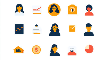 Simple flat business icon set in bright colors and clean lines covering corporate themes such as finance, teamwork and growth isolated on white background. Modern vector style design