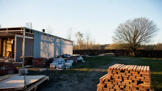 Construction site showcasing the building structure, construction materials scattered around in a photorealistic image, with a clear sky in the background. 