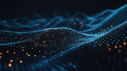 Abstract digital data wave with glowing blue and orange particles on dark background