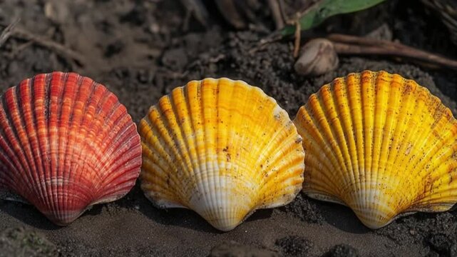 Colorful seashells arranged in a row on sandy soil, with natural greenery in the background