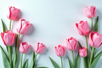 Eight pink paper cutouts, white tulips, layered design , vintage, handmade