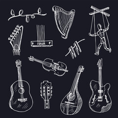 String hand drawn doodle set. Isolated elements on white background. Symbol collection.