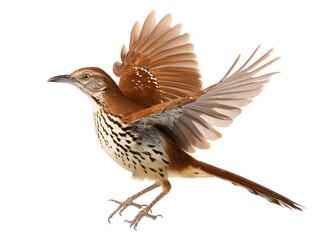 Fototapeta premium Brown Thrasher in Flight: A brown thrasher bird takes flight, wings spread wide, showcasing its speckled brown plumage and elegant posture.