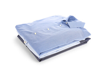 Stack of stylish folded collar shirts on white background