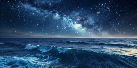 The milky way and starry sky illuminate waves crashing gently on ocean water below