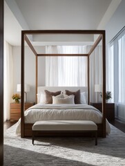A modern bedroom suite with a four-poster bed.