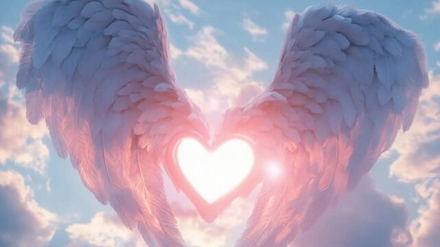 Ethereal angel wings forming a heart shape against a dreamy sky with soft clouds and glowing orbs