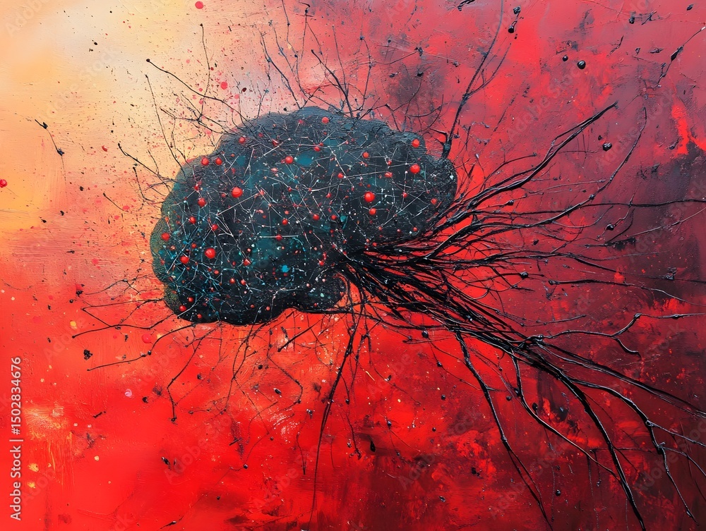 Poster brain and neural connections: an abstract painting that shows the intricacy of the brain and its neu