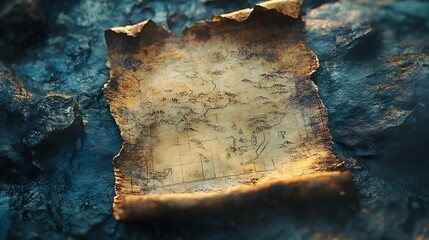 Ancient scroll with worn edges resting on rough stone surface, hinting at mystery