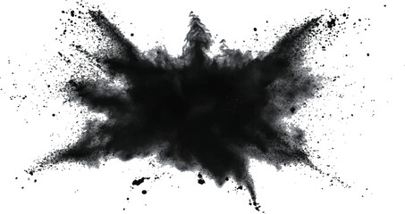 Black powder explosion on white background. Black dust explodes. Paint holi. Black vibrant rainbow holi paint color powder explosion with black colors isolated white background.