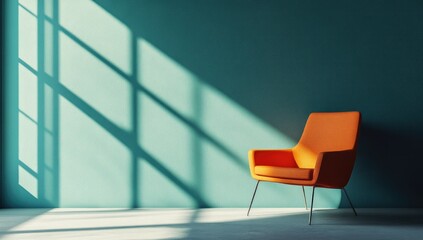 Orange armchair in teal room, sunlit shadows