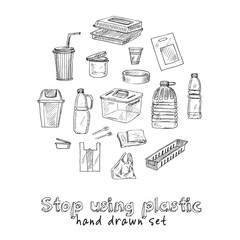 Stop using plastic hand drawn doodle set. Vector illustration. Isolated elements on white background. Symbol collection.