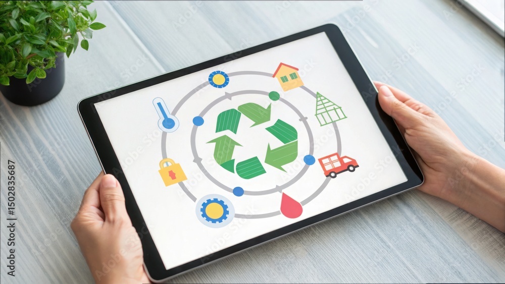 Poster digital model of circular economy on a tablet device