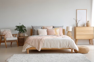 A light-filled bedroom with a wooden bed and light-colored decor.