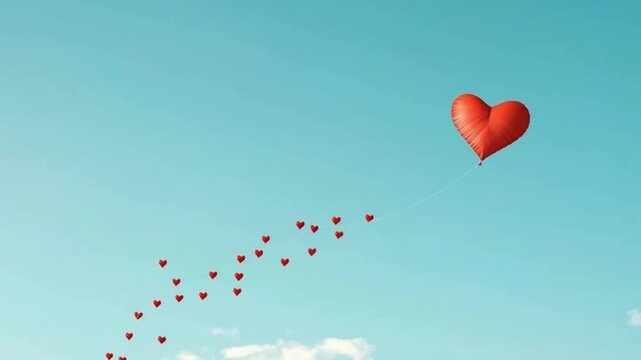 A vibrant red heart-shaped balloon floats against a clear blue sky, trailing smaller hearts below, symbolizing love