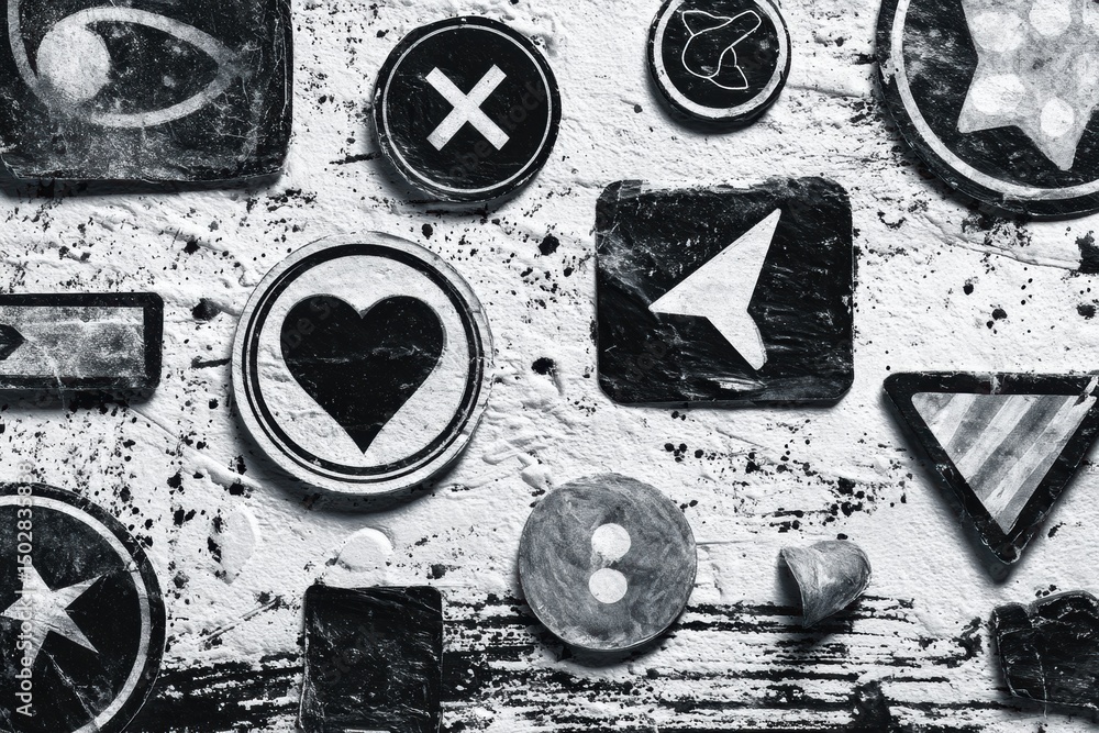 Leinwandbilder Unique Monochrome Sticker Icons on a Grunge Texture Background Create an Artistic Expression of Modern Design Trends