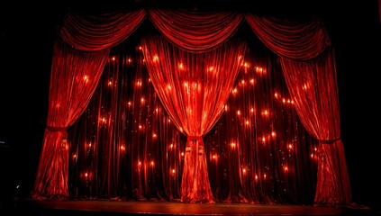 Luxurious red velvet theater curtains illuminated with warm glowing fairy lights on stage