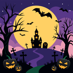 Spooky Halloween Night Scene with Haunted House and Pumpkins – Vector Illustration