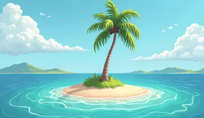 Fototapeta premium Tropical Island with Coconut Tree in the Middle of the Sea