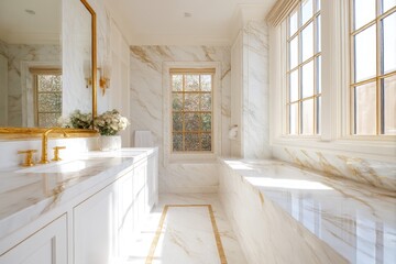 Luxurious bathroom interior with marble countertops and gold accents.