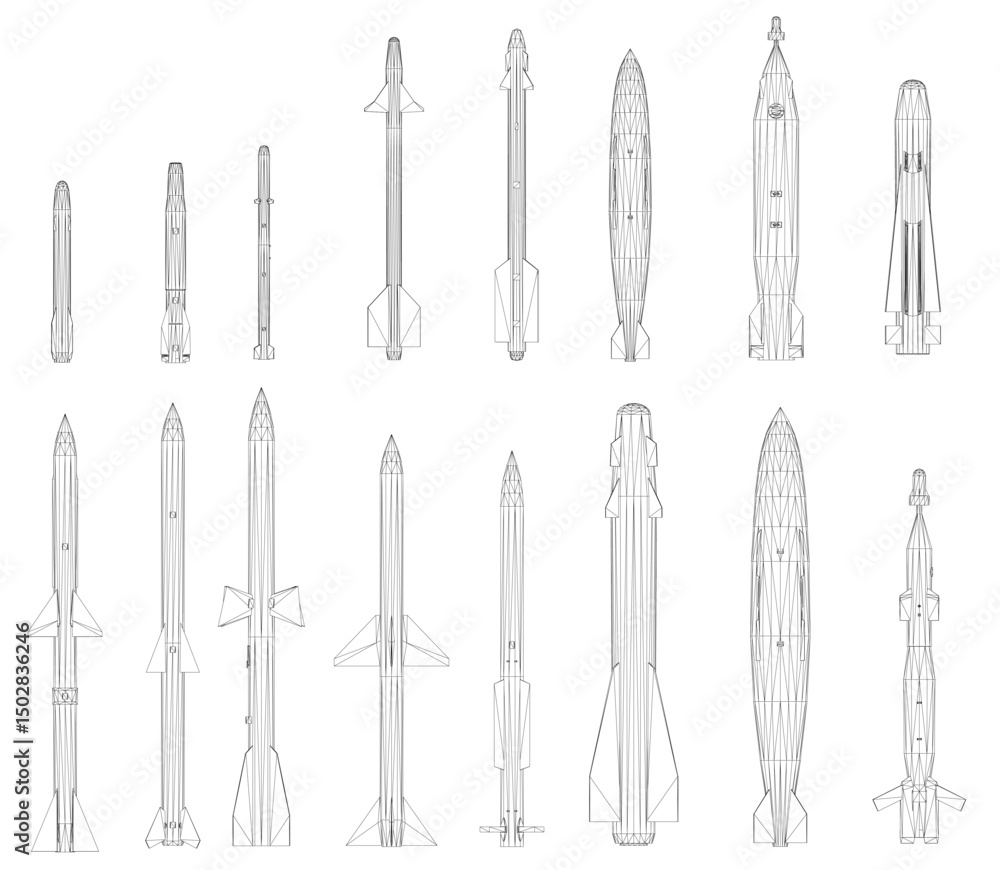 Poster a series of drawings of rockets. the drawings vary in size and style, but all feature rockets in var
