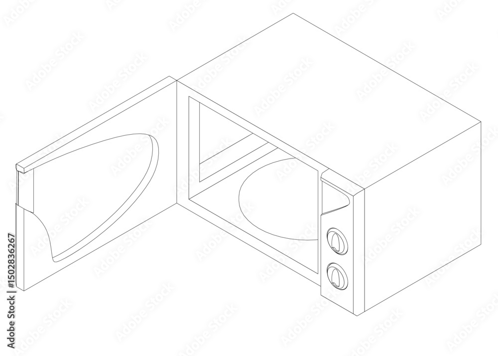 Poster a microwave oven is shown in a black and white drawing. the microwave is open and the door is pulled