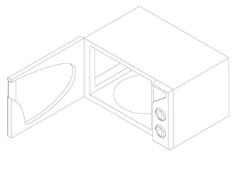 A microwave oven is shown in a black and white drawing. The microwave is open and the door is pulled out. The microwave is a simple design with no additional features. Isometric view