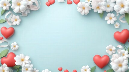 Obraz premium Floral frame with hearts on a light blue background.