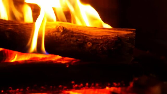 Burning wood inside a brick fireplace provides warmth and comfort on a cold winter evening with a view of snow outside the window.