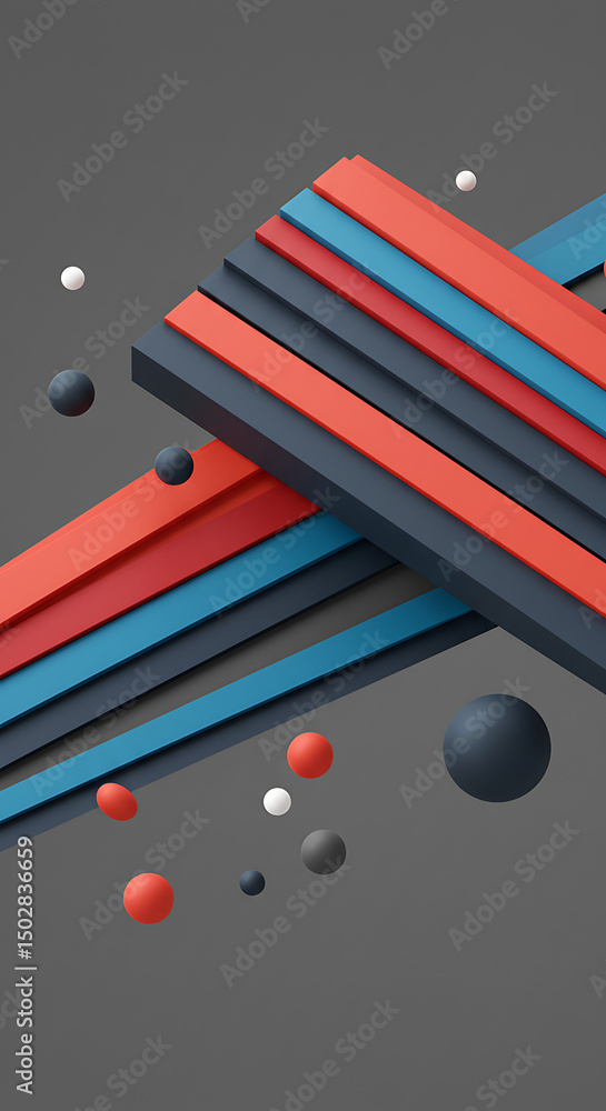 Poster abstract 3d render intersecting colorful stripes with floating spheres geometric design
