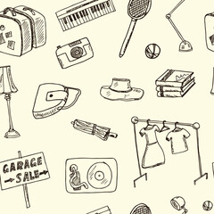 Garage hand drawn doodle seamless pattern. Vector illustration. Isolated elements on white background. Symbol collection.