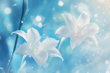 Fototapeta premium Delicate white flowers in a soft blue background